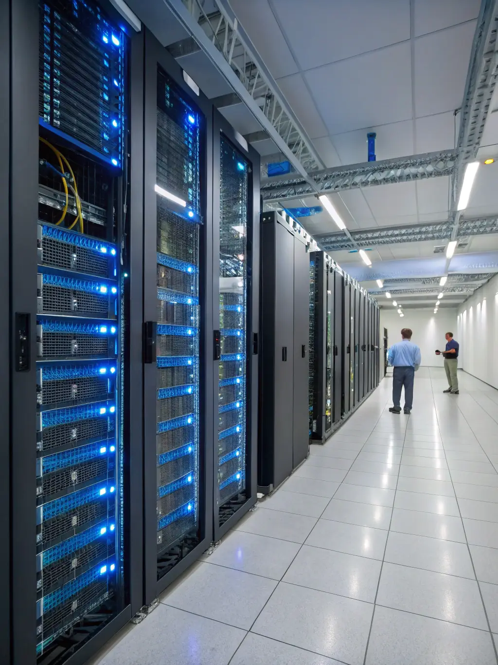 A server room with data flowing to the cloud, illustrating cloud migration services.