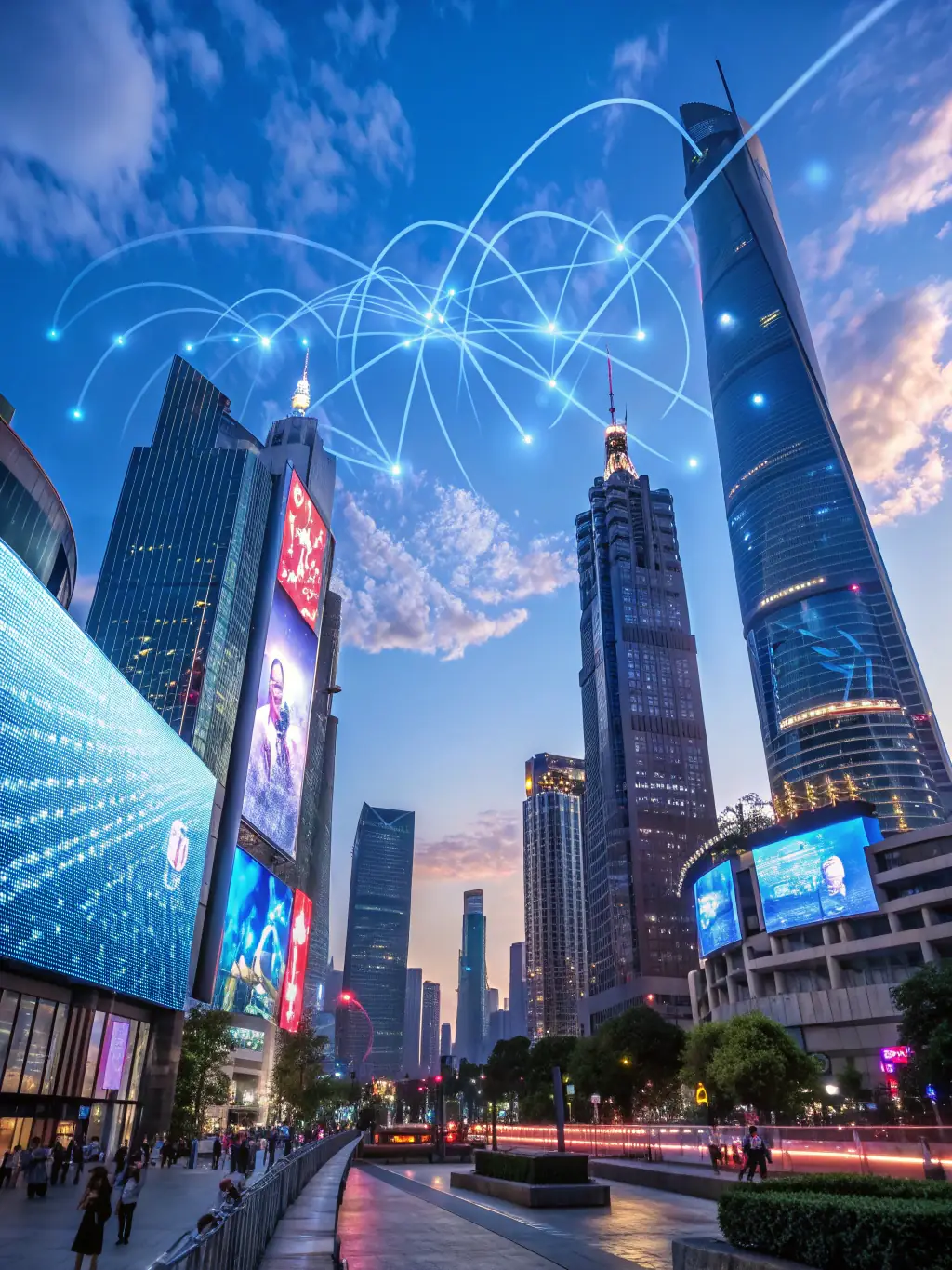 A futuristic cityscape with AI neural networks overlayed, symbolizing artificial intelligence solutions.