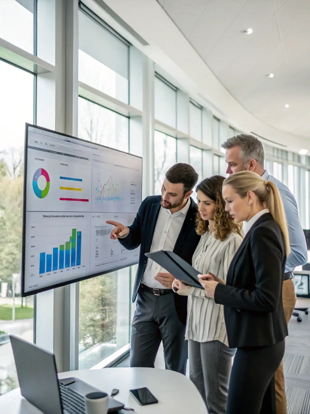 An image of a business team collaborating over digital devices and data dashboards, illustrating the integration of new technologies for digital transformation.