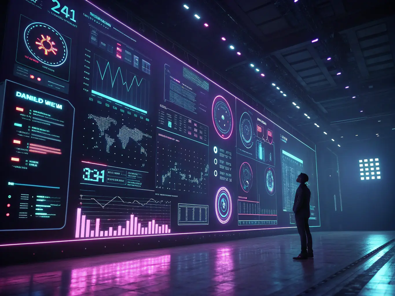An AI interface displaying complex data analysis and machine learning algorithms, symbolizing AI solutions.