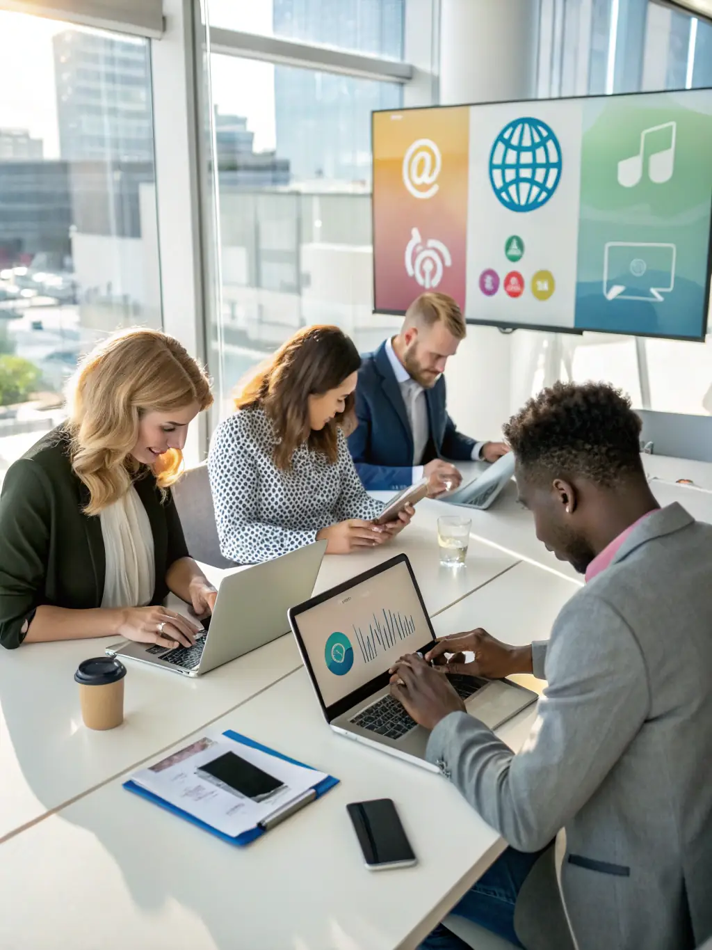 A diverse team collaborating on digital devices, representing digital transformation services.