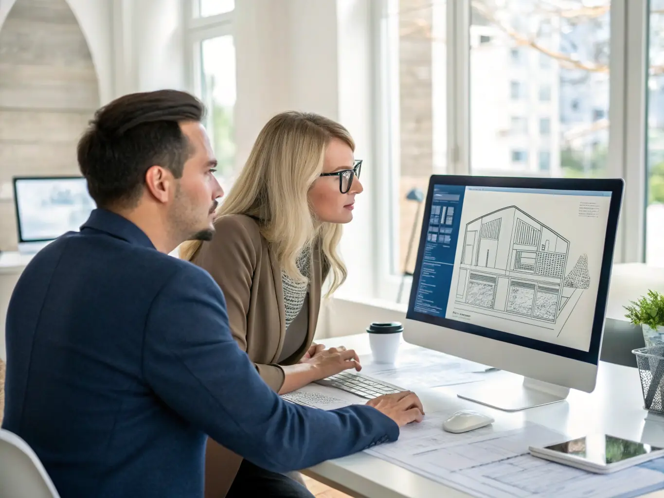 A modern office setting with architects collaborating on a digital blueprint, representing enterprise architecture services.